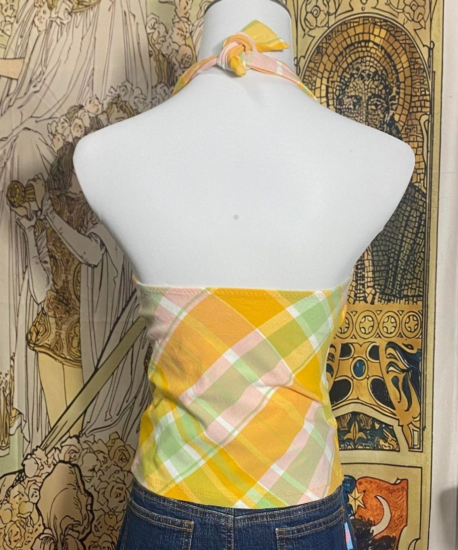 Retro Plaid Halter Crop Top - Y2K O-Ring Design for Sunny Days & Vacation