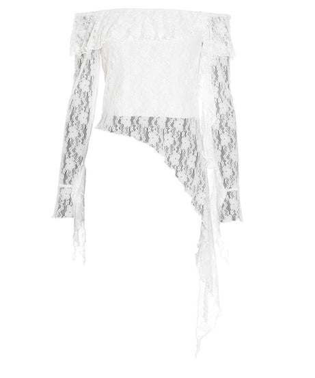 Ethereal Lace Off-Shoulder Top | Asymmetric Flowing Hem | Romantic Fall & Halloween Chic