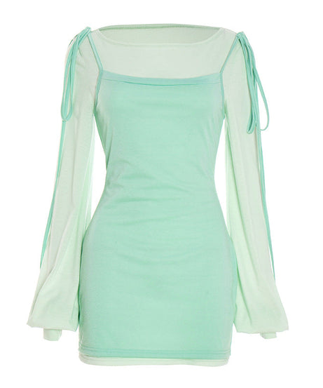 Y2K Chic Mint Green Sheer Sleeve Mini Dress with Tie Shoulders – Perfect for Fall Nights