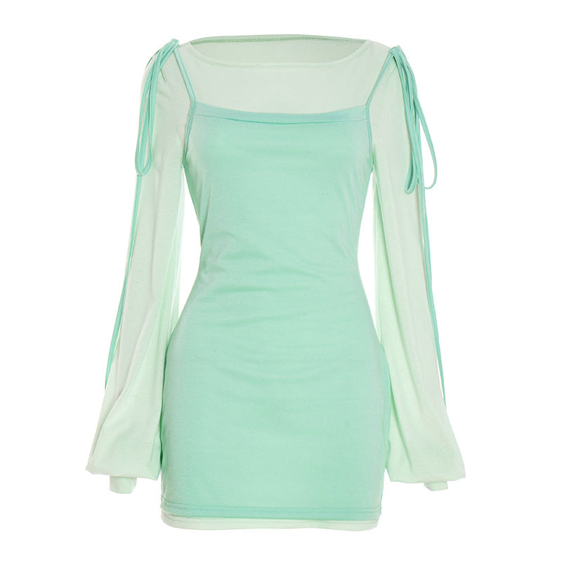 Y2K Chic Mint Green Sheer Sleeve Mini Dress with Tie Shoulders – Perfect for Fall Nights