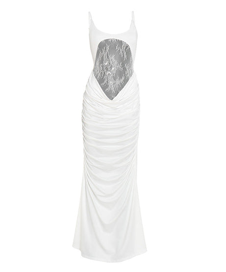 Sultry White Lace Illusion Ruched Maxi Dress - Elegant Holiday Party Gown