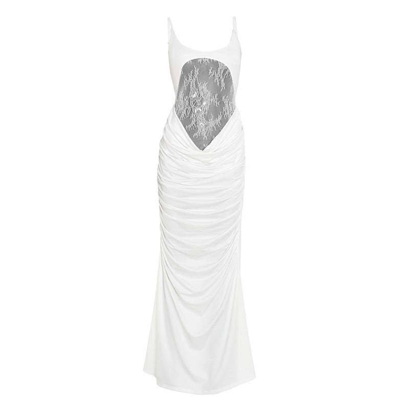 Sultry White Lace Illusion Ruched Maxi Dress - Elegant Holiday Party Gown