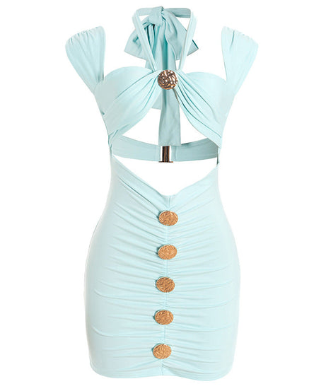 Sky Blue Halter Cutout Ruched Mini Dress - Your Chic Getaway & Night Out Essential