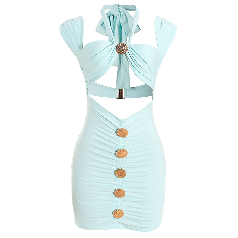 Sky Blue Halter Cutout Ruched Mini Dress - Your Chic Getaway & Night Out Essential