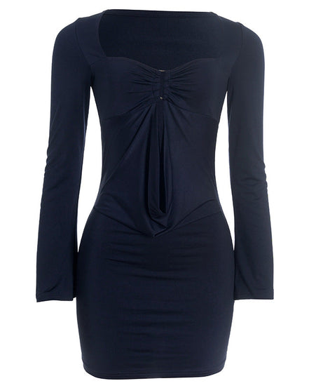 Fall Chic: Midnight Navy Long Sleeve Ruched Bodycon Mini Dress with Draped Front
