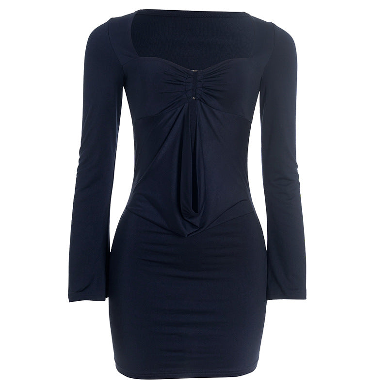 Fall Chic: Midnight Navy Long Sleeve Ruched Bodycon Mini Dress with Draped Front