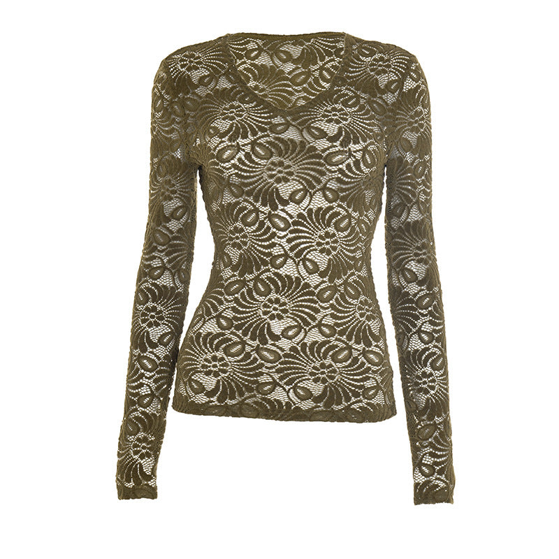 Chic Olive Green Lace V-Neck Top - Effortless Fall Layering Essential