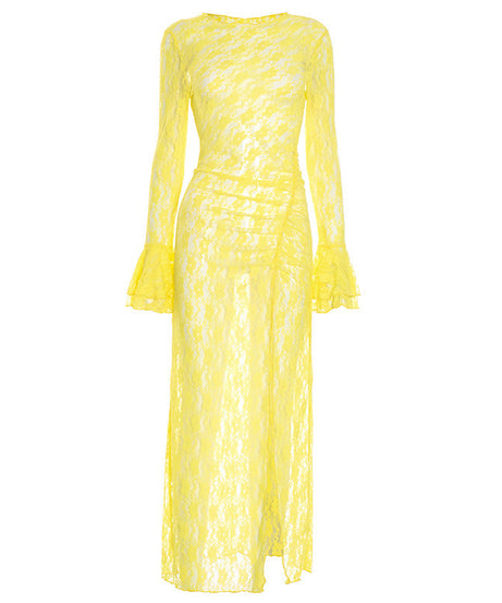 Sunshine Yellow Lace Maxi Dress with Bell Sleeves & High Slit - Your Daring Fall Getaway & Event Statement