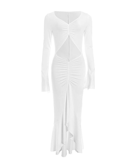 Daring Elegance: White Long Sleeve Ruched Cutout Maxi Dress | Fall & Holiday Event Ready