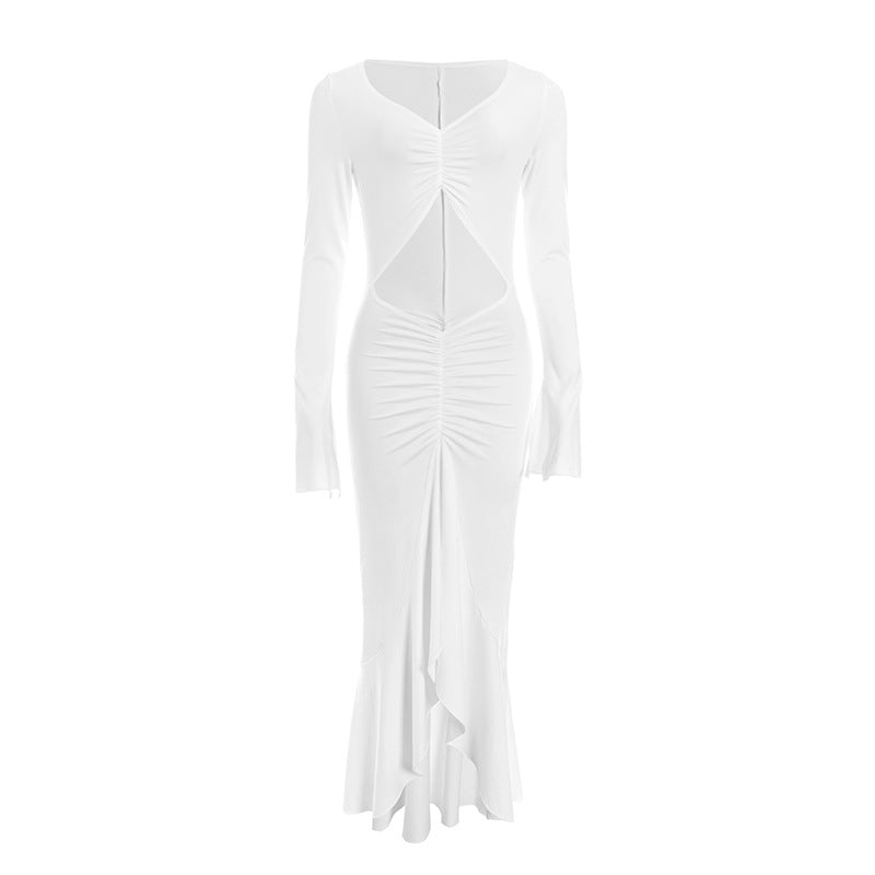 Daring Elegance: White Long Sleeve Ruched Cutout Maxi Dress | Fall & Holiday Event Ready