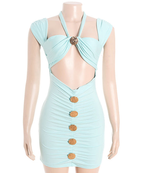 Sky Blue Halter Cutout Ruched Mini Dress - Your Chic Getaway & Night Out Essential