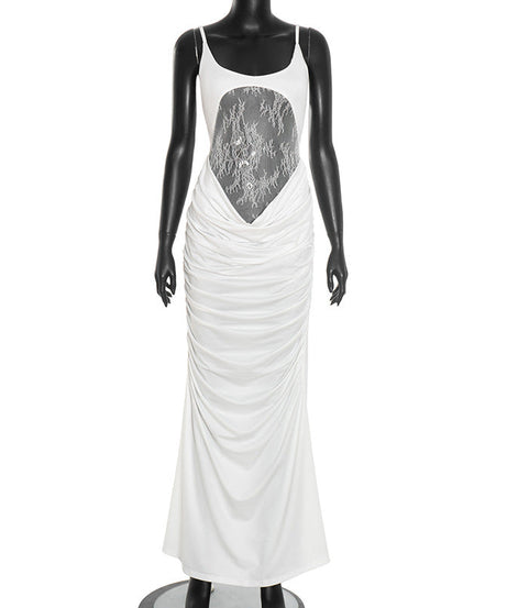 Sultry White Lace Illusion Ruched Maxi Dress - Elegant Holiday Party Gown