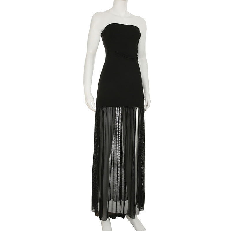 Glamorous Black Strapless Backless Maxi Dress with Sheer Skirt - Fall & Holiday Party Ready