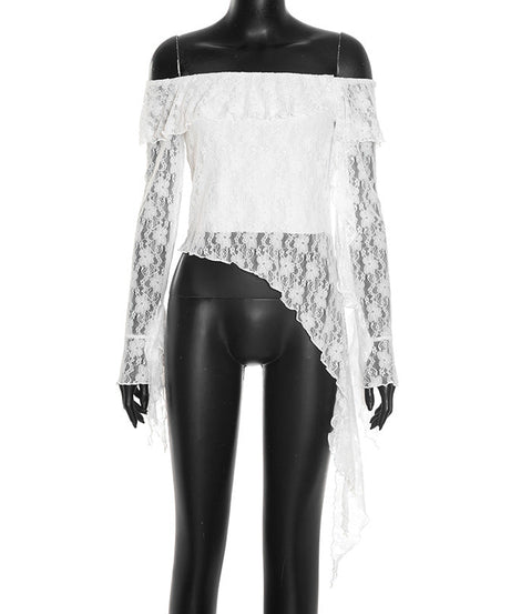 Ethereal Lace Off-Shoulder Top | Asymmetric Flowing Hem | Romantic Fall & Halloween Chic
