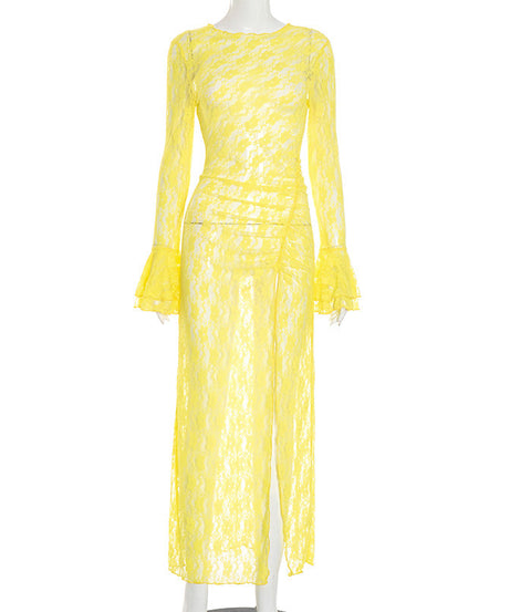 Sunshine Yellow Lace Maxi Dress with Bell Sleeves & High Slit - Your Daring Fall Getaway & Event Statement