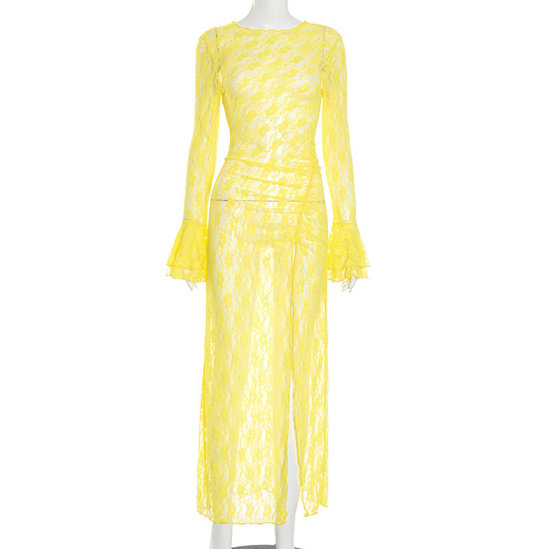 Sunshine Yellow Lace Maxi Dress with Bell Sleeves & High Slit - Your Daring Fall Getaway & Event Statement