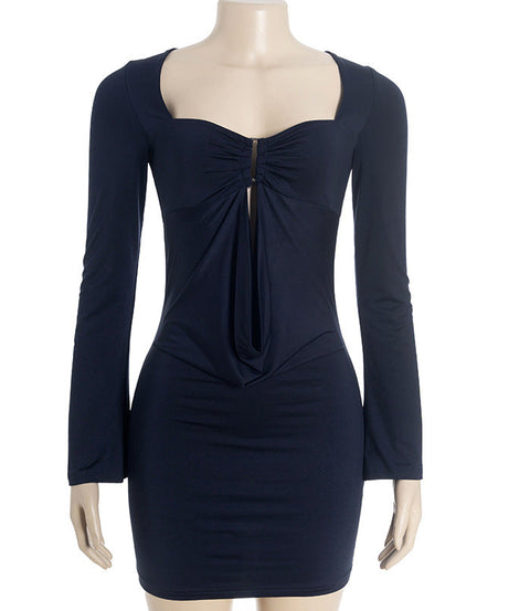Fall Chic: Midnight Navy Long Sleeve Ruched Bodycon Mini Dress with Draped Front