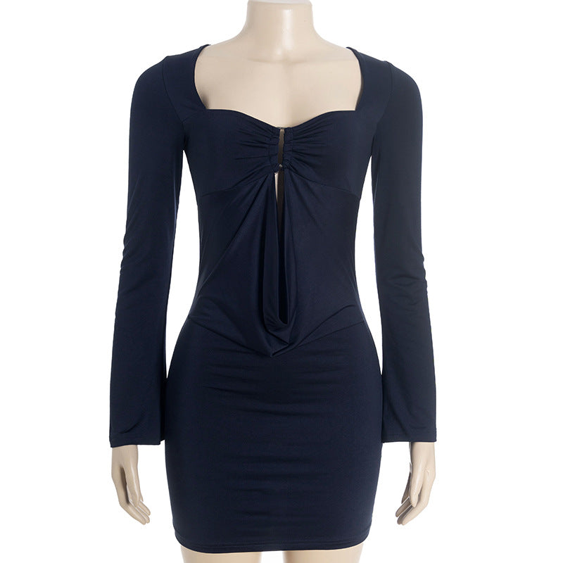 Fall Chic: Midnight Navy Long Sleeve Ruched Bodycon Mini Dress with Draped Front