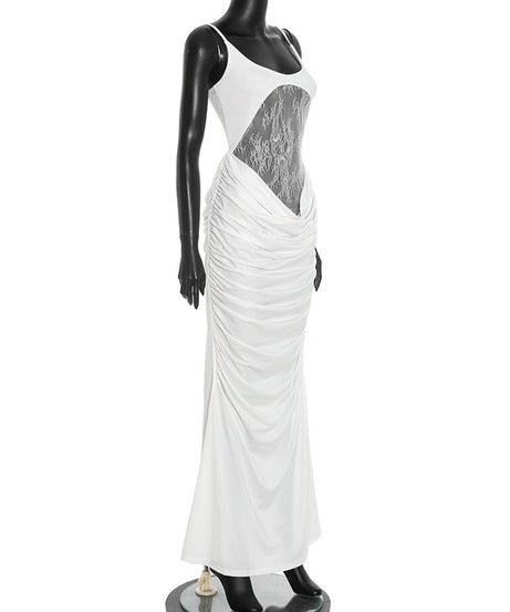 Sultry White Lace Illusion Ruched Maxi Dress - Elegant Holiday Party Gown