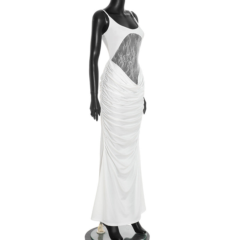 Sultry White Lace Illusion Ruched Maxi Dress - Elegant Holiday Party Gown