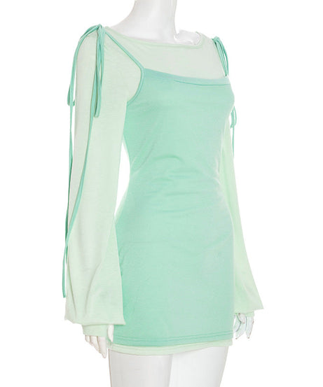 Y2K Chic Mint Green Sheer Sleeve Mini Dress with Tie Shoulders – Perfect for Fall Nights