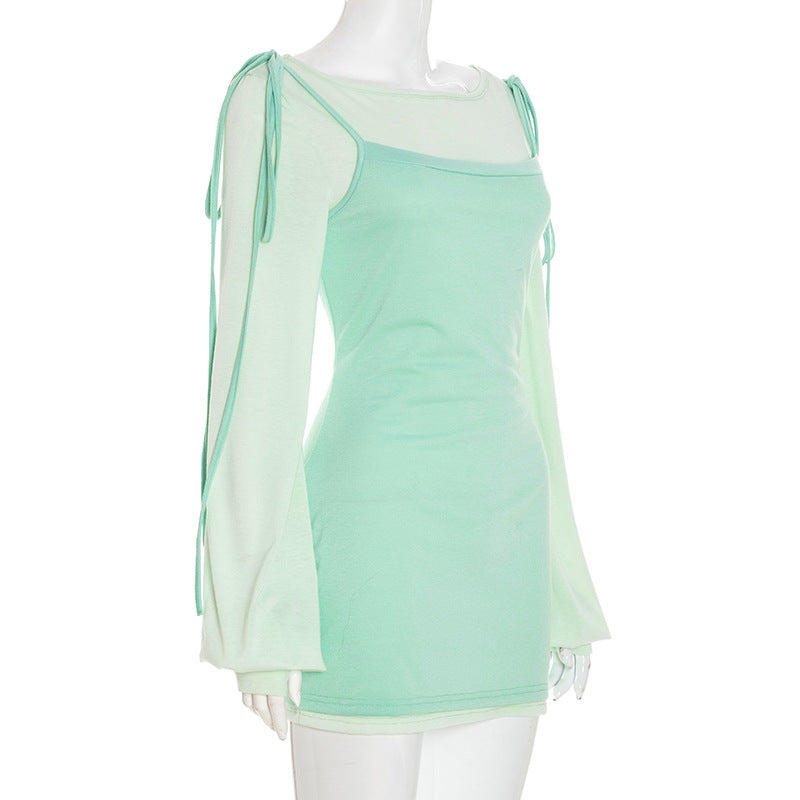 Y2K Chic Mint Green Sheer Sleeve Mini Dress with Tie Shoulders – Perfect for Fall Nights