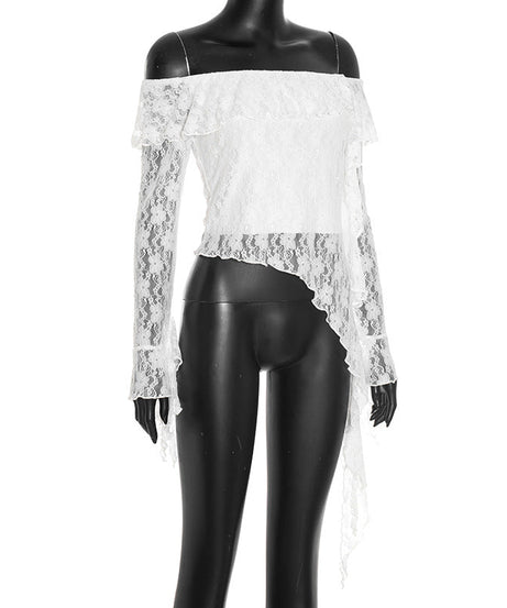 Ethereal Lace Off-Shoulder Top | Asymmetric Flowing Hem | Romantic Fall & Halloween Chic