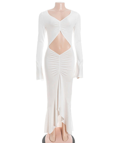 Daring Elegance: White Long Sleeve Ruched Cutout Maxi Dress | Fall & Holiday Event Ready