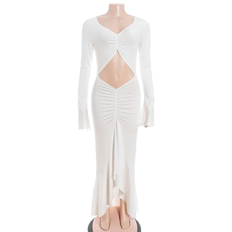 Daring Elegance: White Long Sleeve Ruched Cutout Maxi Dress | Fall & Holiday Event Ready