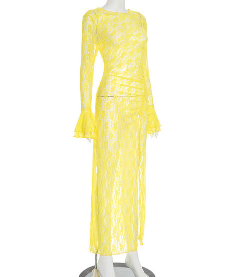 Sunshine Yellow Lace Maxi Dress with Bell Sleeves & High Slit - Your Daring Fall Getaway & Event Statement