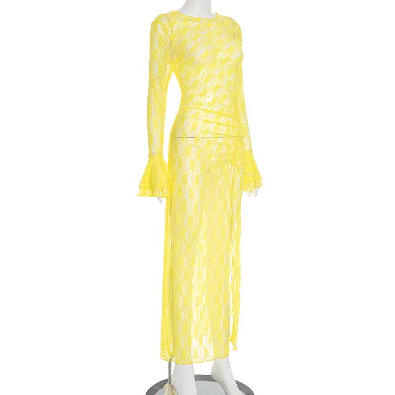 Sunshine Yellow Lace Maxi Dress with Bell Sleeves & High Slit - Your Daring Fall Getaway & Event Statement