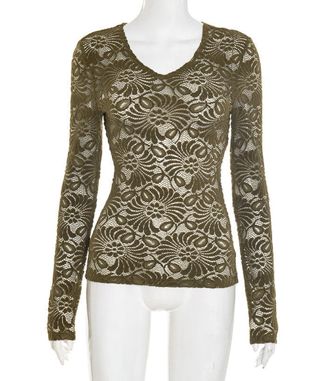 Chic Olive Green Lace V-Neck Top - Effortless Fall Layering Essential