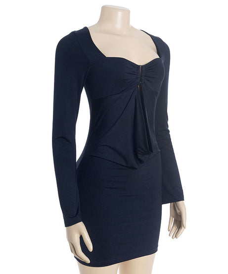 Fall Chic: Midnight Navy Long Sleeve Ruched Bodycon Mini Dress with Draped Front
