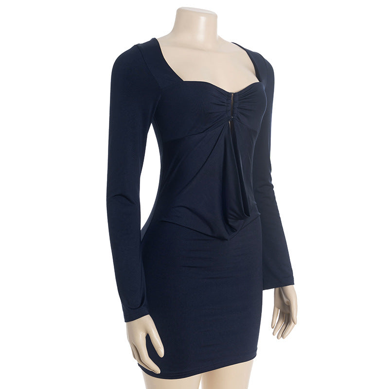 Fall Chic: Midnight Navy Long Sleeve Ruched Bodycon Mini Dress with Draped Front