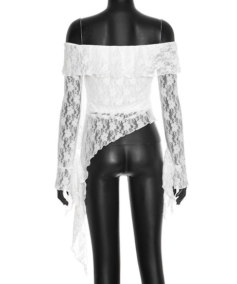Ethereal Lace Off-Shoulder Top | Asymmetric Flowing Hem | Romantic Fall & Halloween Chic