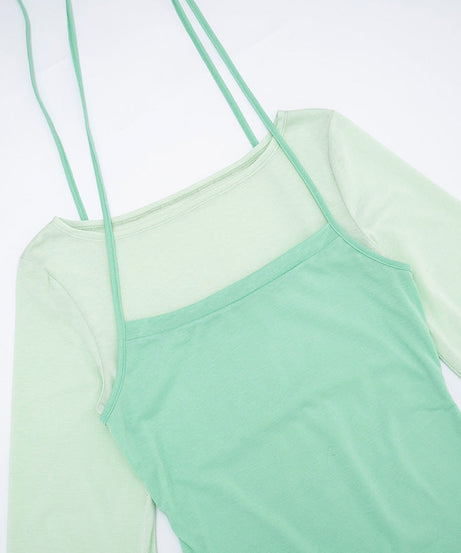 Y2K Chic Mint Green Sheer Sleeve Mini Dress with Tie Shoulders – Perfect for Fall Nights