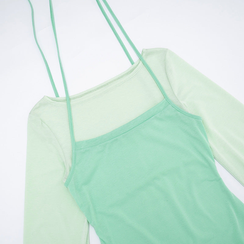 Y2K Chic Mint Green Sheer Sleeve Mini Dress with Tie Shoulders – Perfect for Fall Nights