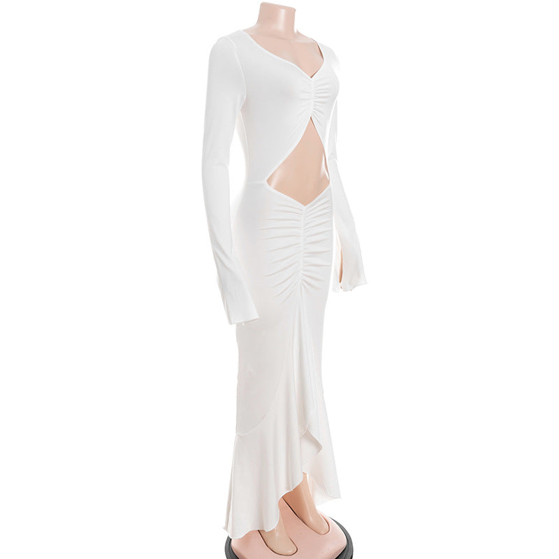 Daring Elegance: White Long Sleeve Ruched Cutout Maxi Dress | Fall & Holiday Event Ready