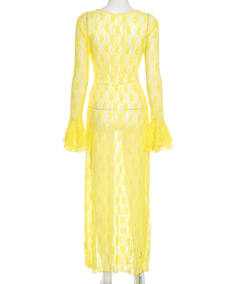 Sunshine Yellow Lace Maxi Dress with Bell Sleeves & High Slit - Your Daring Fall Getaway & Event Statement