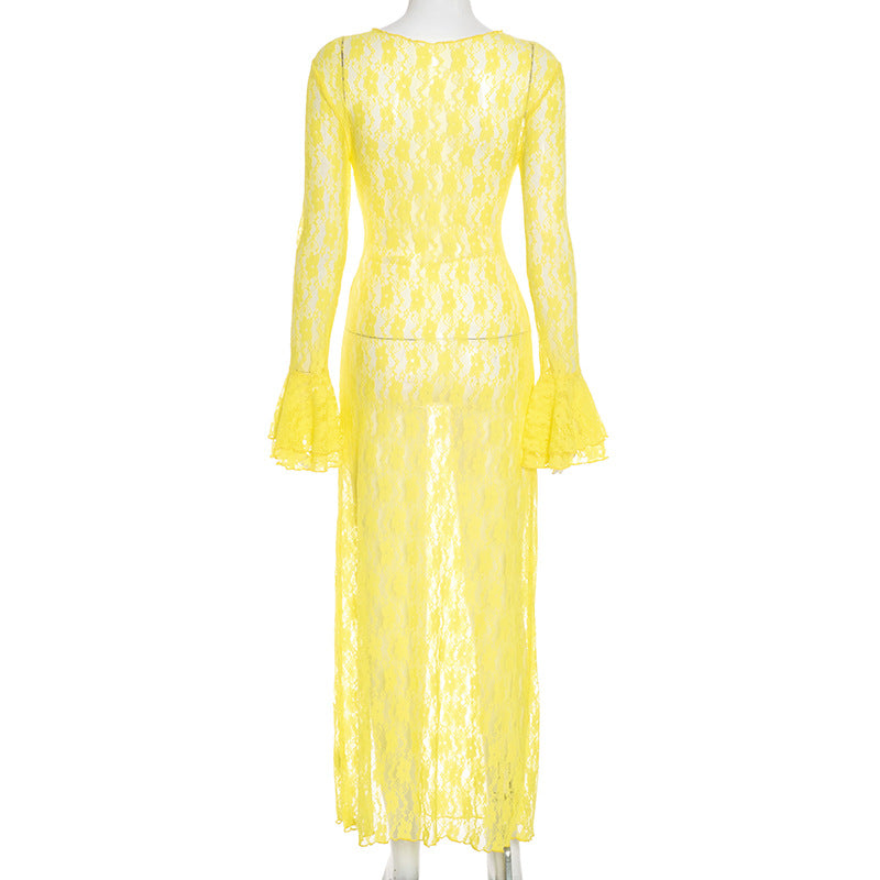 Sunshine Yellow Lace Maxi Dress with Bell Sleeves & High Slit - Your Daring Fall Getaway & Event Statement