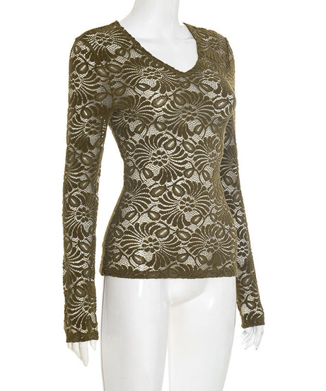 Chic Olive Green Lace V-Neck Top - Effortless Fall Layering Essential