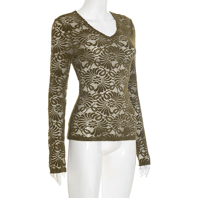 Chic Olive Green Lace V-Neck Top - Effortless Fall Layering Essential
