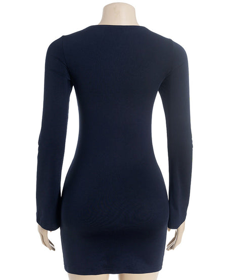 Fall Chic: Midnight Navy Long Sleeve Ruched Bodycon Mini Dress with Draped Front