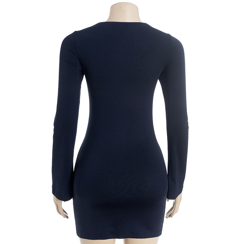 Fall Chic: Midnight Navy Long Sleeve Ruched Bodycon Mini Dress with Draped Front