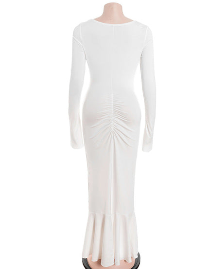 Daring Elegance: White Long Sleeve Ruched Cutout Maxi Dress | Fall & Holiday Event Ready