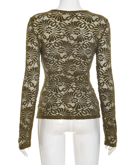Chic Olive Green Lace V-Neck Top - Effortless Fall Layering Essential