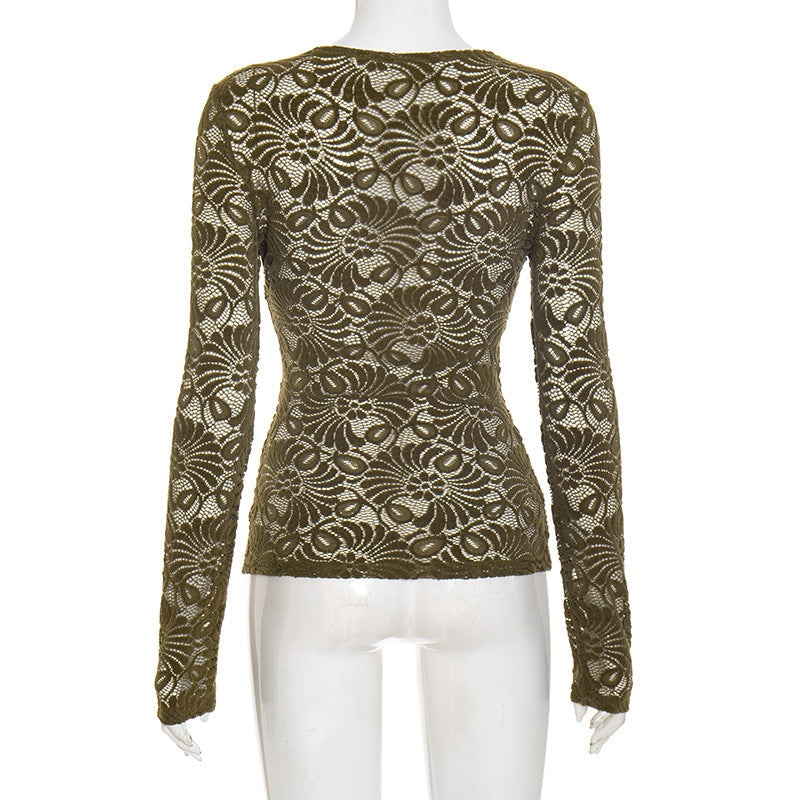 Chic Olive Green Lace V-Neck Top - Effortless Fall Layering Essential