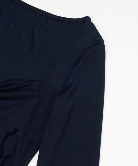 Fall Chic: Midnight Navy Long Sleeve Ruched Bodycon Mini Dress with Draped Front