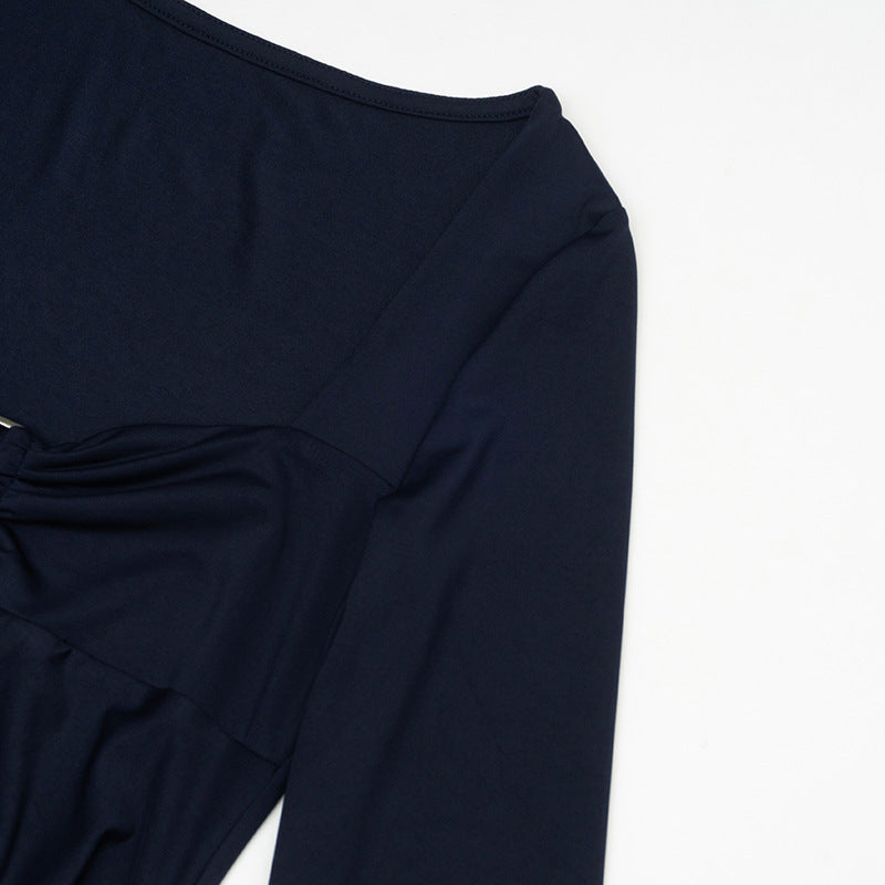 Fall Chic: Midnight Navy Long Sleeve Ruched Bodycon Mini Dress with Draped Front