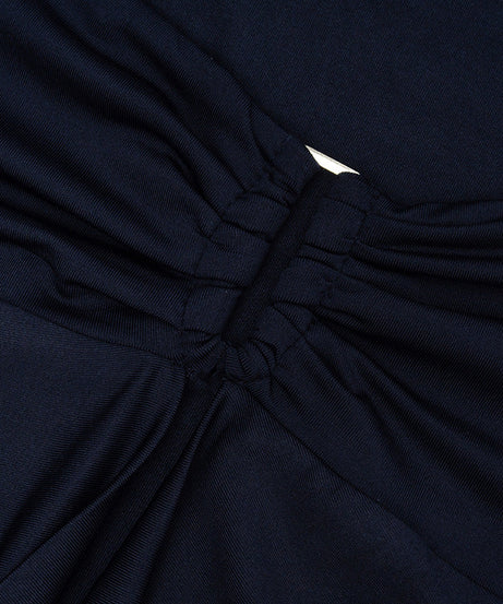 Fall Chic: Midnight Navy Long Sleeve Ruched Bodycon Mini Dress with Draped Front